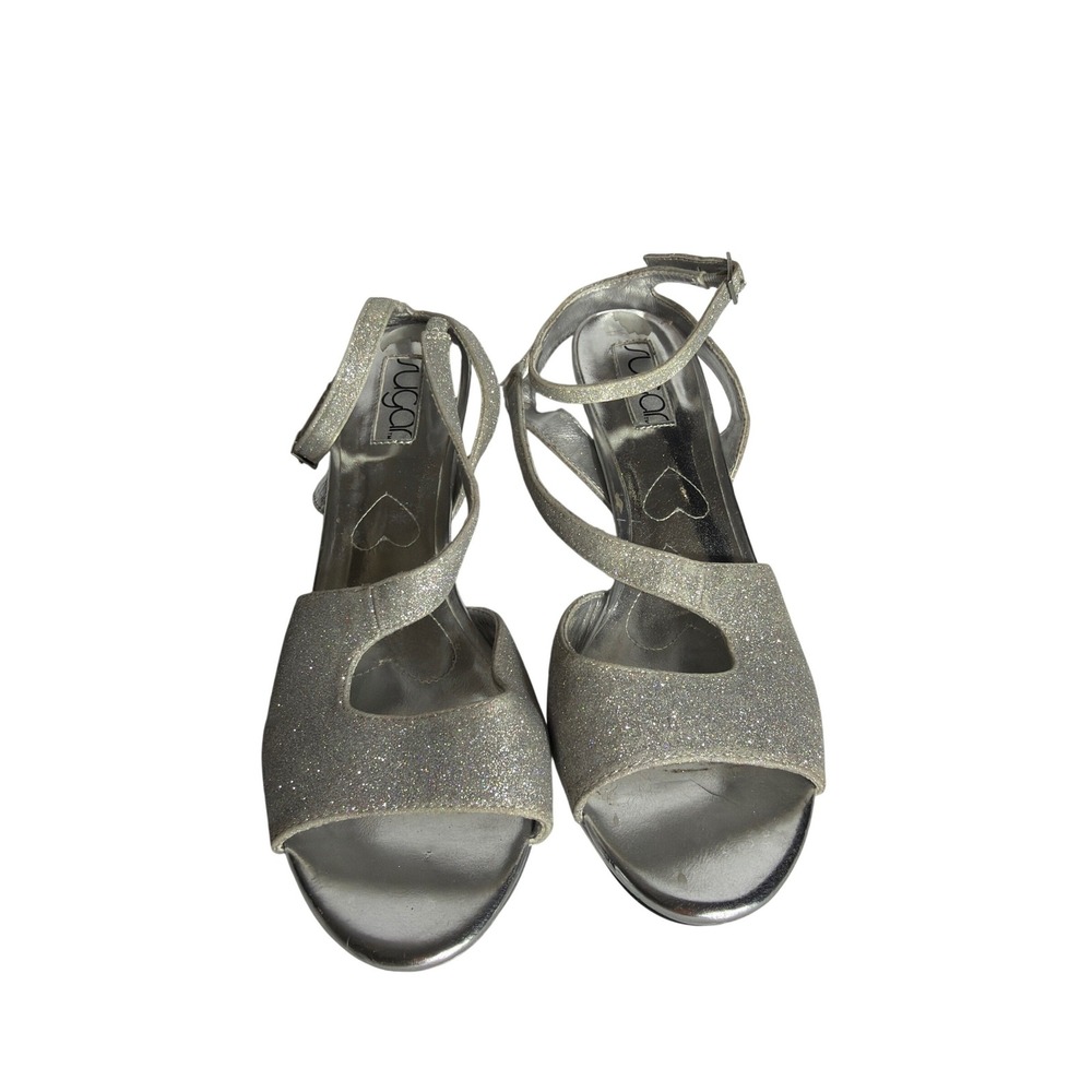 Sugar Oana Silver Glitter Platform Sandals Stiletto Heels Prom Wedding Womens 11